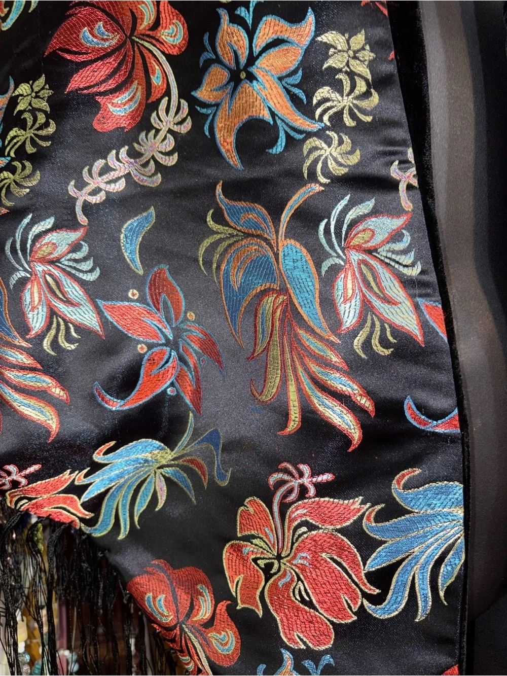 black floral embroidered silk like boho shawl featuring long fringe trim